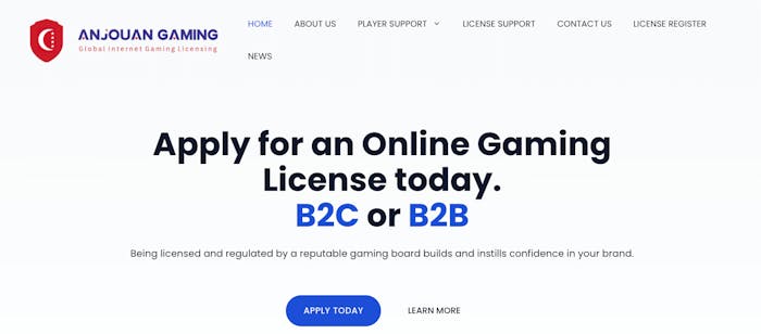 Här visas startsidan hos Anjouan Gaming var man kan ansöka om Anjouan-licensen.