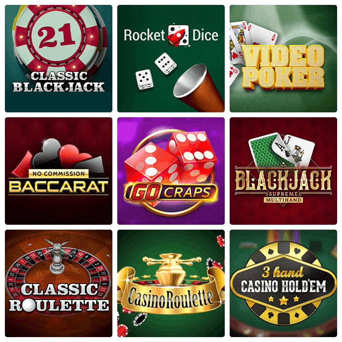 Exempel på bordsspel, som blackjack, baccarat och poker.