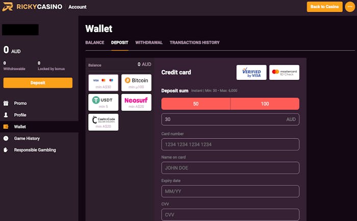 Screendump av insättningsexempel hos Ricky Casino